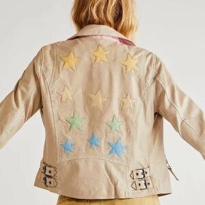 Women's Beige Star-Patterned Leather Jacket